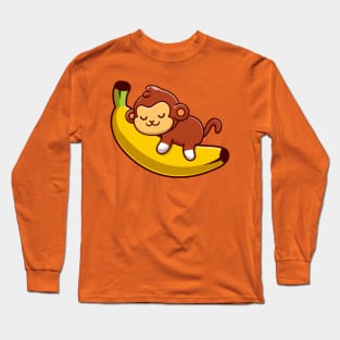 Cute Monkey Sleeping On The Banana Cartoon Long Sleeve T-Shirt